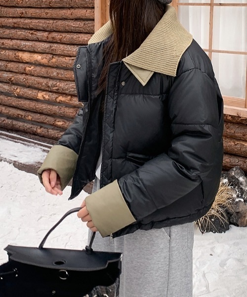 ダウン ダウンジャケット 風合いを楽しむカラーコントラストの襟付きショートジャケット レディース