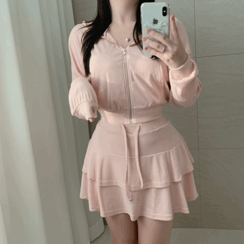 Set[骨盤ボリュームフィット-/ぜい肉カバー保障]ラブリー 長袖 ルーズフィット か弱い アバン 後パーカージップアップ+ カンカン ボリューム スカート スカート ツーピース ジャージ トレーニン