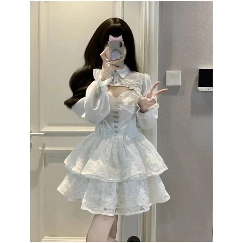パーティードレスドレス 春 新作デザイン感長袖ブラウスレースキャミソールワンピース2点セットコスプレドレス
