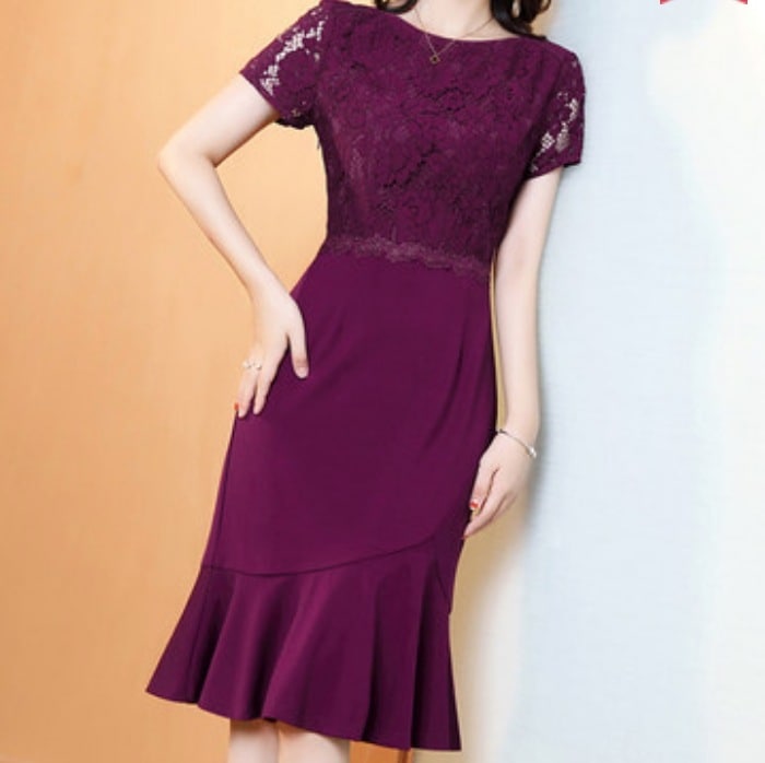 ワンピース マーメイド タイト 膝下 膝丈 半袖 ラウンドネック ウエスト 切り替え 細身 レース かわいい 大人可愛い きれいめ シンプル 春 夏 デート パーティー XL 2XL 3XL