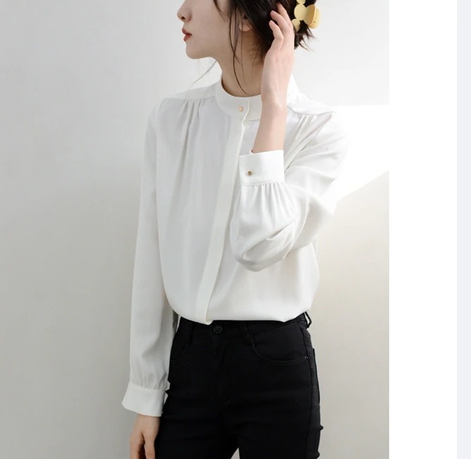 シャツ ブラウス レディース 七分袖 スタンドカラー シフォン 前開き 比翼仕立て 大人可愛い きれいめ シンプル フォーマル 無地 春 秋 オフィス ビジネス OL 普段使い ホワイト トップス