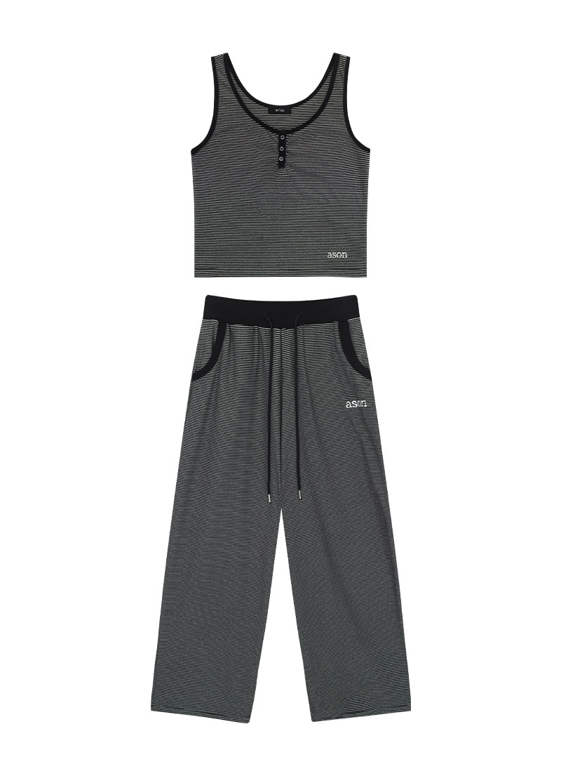 【AS"ON】 [SET] RIN STRIPE SLEEVELESS & PANTS / BLACK 正規品