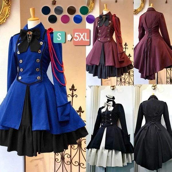 ロリータ ビッグカラー ワンピース クラロリ ゴスロリ 病みかわ 長袖 袖付き Aライン Lolita リボン フリル裾 クリスマス レディース コスチューム 衣装 かわいい 仮装 パーティ お茶会