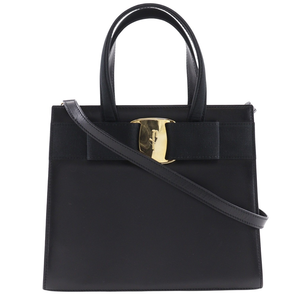 Salvatore Ferragamo サルヴァトーレフェラガモ ヴァラリボン 2WAYショルダー ハンドバッグ レザー 黒 レディース 中古品