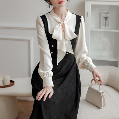 レディース レイヤード風 ワンピース リボンタイ ハイウエスト バックリボン 長袖 パールボタン フォーマル お呼ばれ 大人可愛い ママコーデ ママファッション 韓国系 人気 トレンド 新