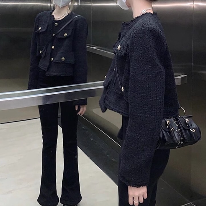 レディース ジャケット アウター 上着 フレンチスタイル 羽織 前開き ノーカラージャケット ショート 長袖 萌袖 襟なし ノーカラー ワイド ポケット ボタン かわいい 大人可愛い きれいめ