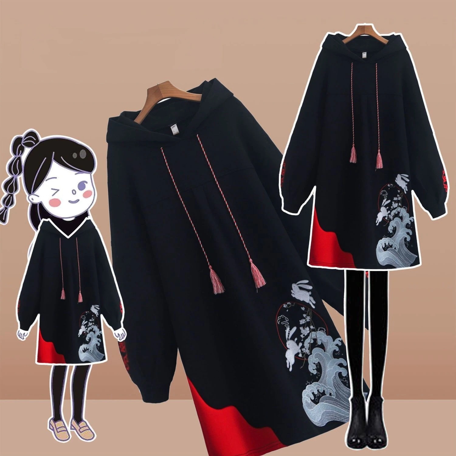 【一枚で視線を奪う】 プリント プルオーバー フード付き カジュアル ワンピース