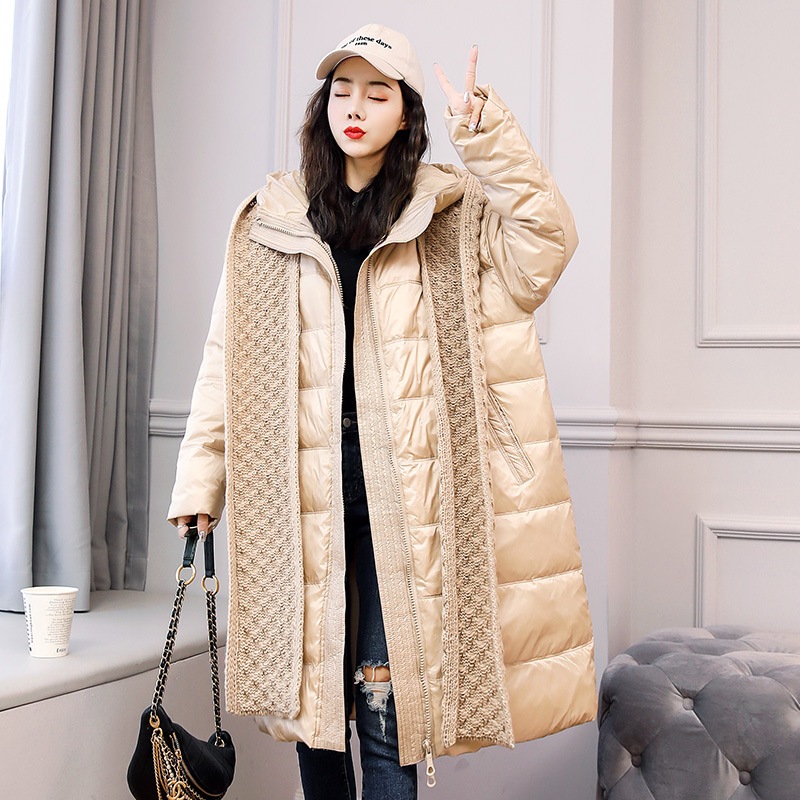 スーパーセール期間限定 ニットのフード付きの女性ジャンパー冬中の長いマフラーのマフラーはパッチワークの白いアヒルの羽毛 ダウンジャケット コート カラー グレー Www Shred360 Com