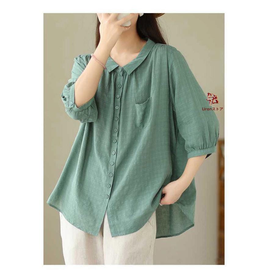 コットンブラウス 半袖 レディース チュニック 5分袖 綿麻風 薄手 トップス ブラウス シャツ シャツブラウス チュニックブラウス ナチュラル ゆったり 着痩せ 柔