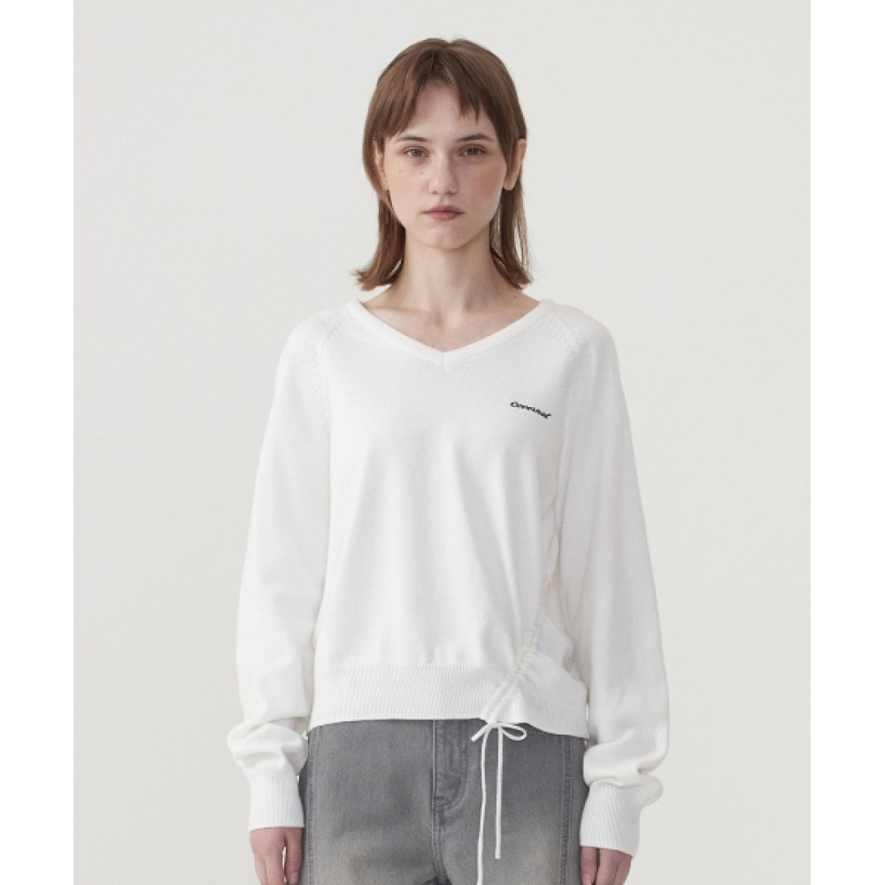 COVERNAT 女性用シャーリング Vネックニットアイボリー