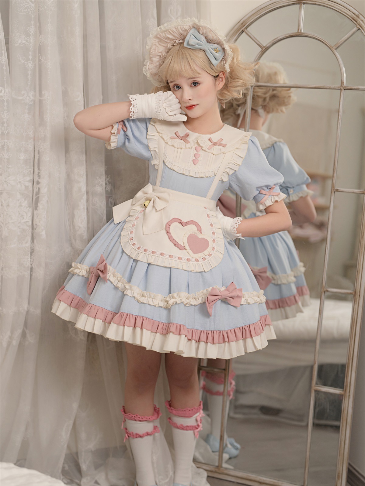 lolita地雷パーカーロリータ ワンピース ゴスロリドレススイートフフ可愛い女の子ロリータブルーメイドエプロンドレスショートスカート夏