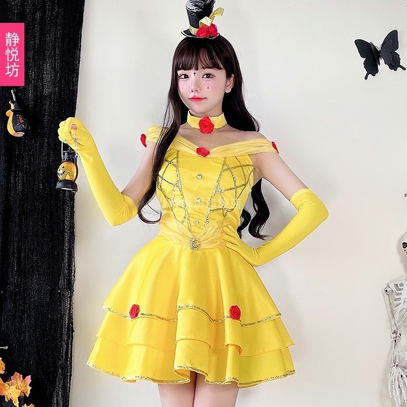 【即納】ハロウィーン脱出プリンセススカート精霊舞台演出服コスプレ白雪姫ベルドレスワンピース