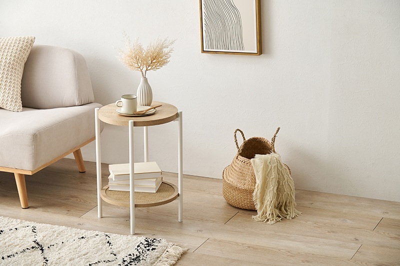 サイドテーブル ラック おしゃれ ナチュラルモダン 韓国風 机 棚 ラタン調 コンセント シンプル かわいい