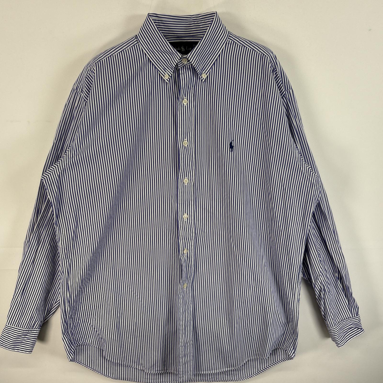 古着 90s/90年代 長袖シャツ ワンポイント ロゴ 刺繍 ボタンダウンシャツ M ブルー系 ストライプ メンズ