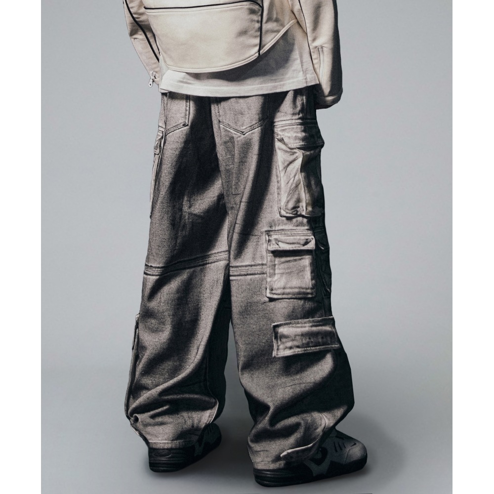 NOT4NERD ダーティーウォッシュマルチカーゴデニムパンツ-ホワイト