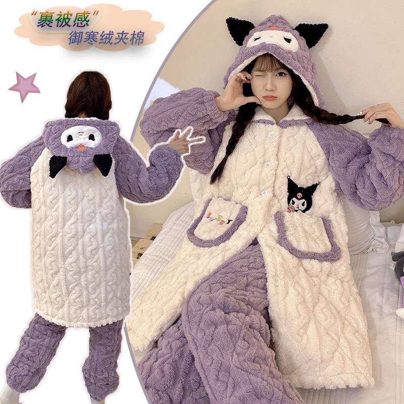 冬の厚手珊瑚絨毯パジャマ女性の3層の綿入れを挟んだロングカートゥーンクロミスリーパーバスローブ