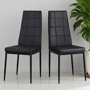 国内発送-送.料.無.料新品1151PUレザーダイニングチェア ハイバック ボックスステッチデザイン シンプルモダン 家庭用【ブラック2脚セット】