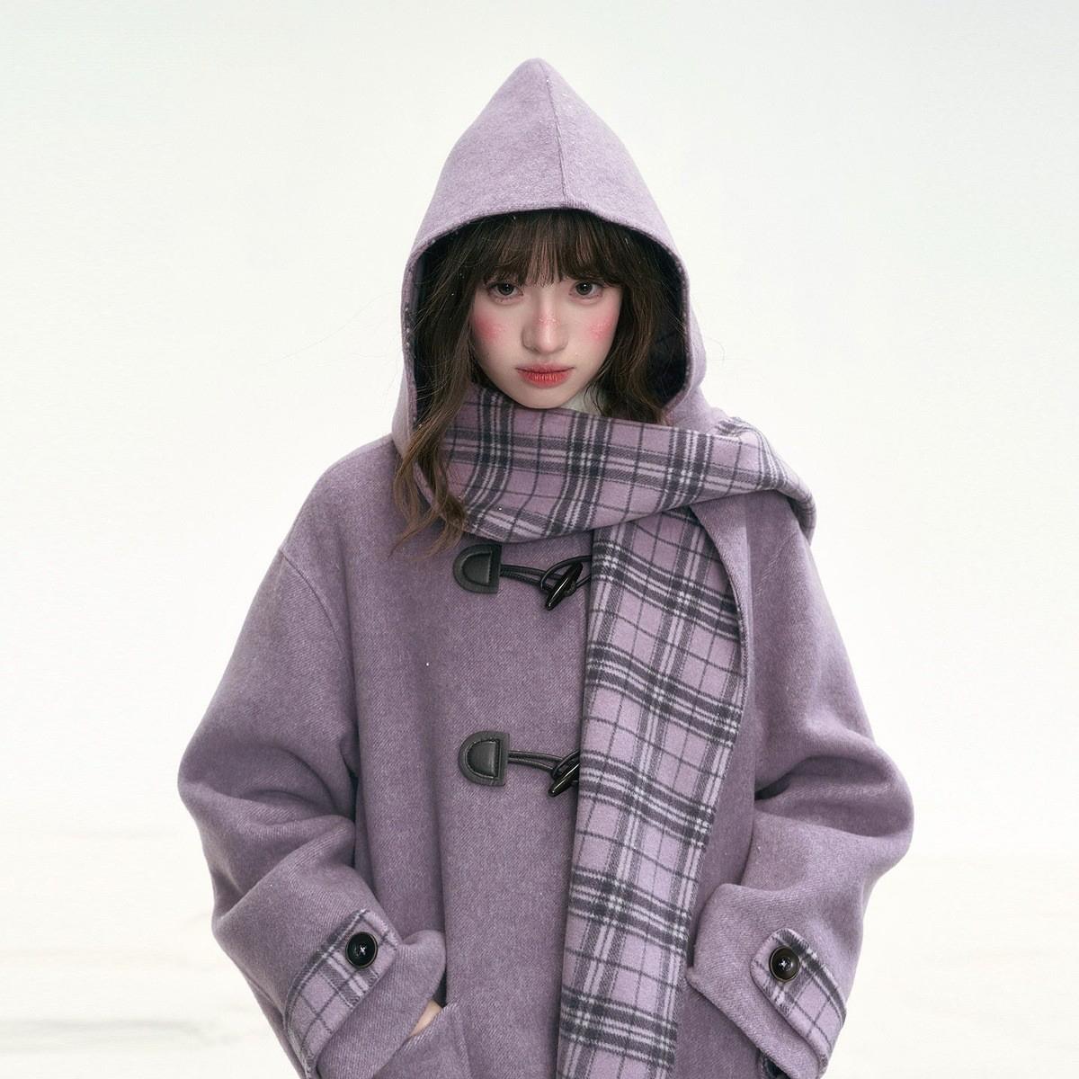 keep warm 『タロイモミルクミスト』缶詰 冬用 gifts for women 紫色の取り外し可能な帽子 両面ウールコート