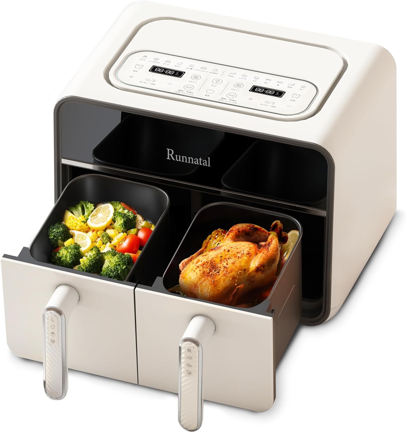 Runnatal ノンフライヤー 8L 大容量 電気 エアフライヤー 1-8人用 可視窓 タッチパネル 家庭用 2 つの独立した揚げ物バスケット付き 14 種類の調理方法 PSE認証済み