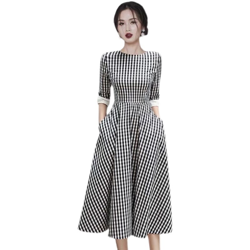 新作 秋冬 レディース 春夏 ワンピース ひざ下 ミモレ丈 袖あり 7分袖 フレア Aライン