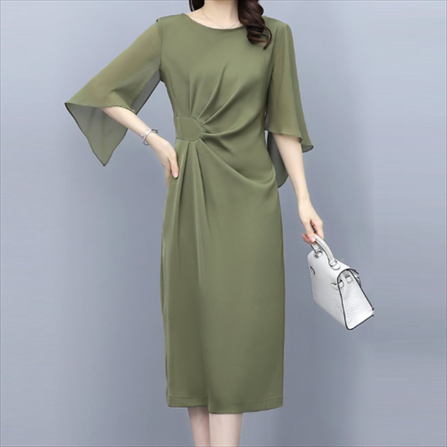 ロングドレス 4色 ドレス 衣装 ワンピース パーティドレス カラードレス ロング ひざ丈 ミモレ 袖あり 半袖 七分丈 フレア袖 フレアスリーブ Uネック ラウンドネック Aライン