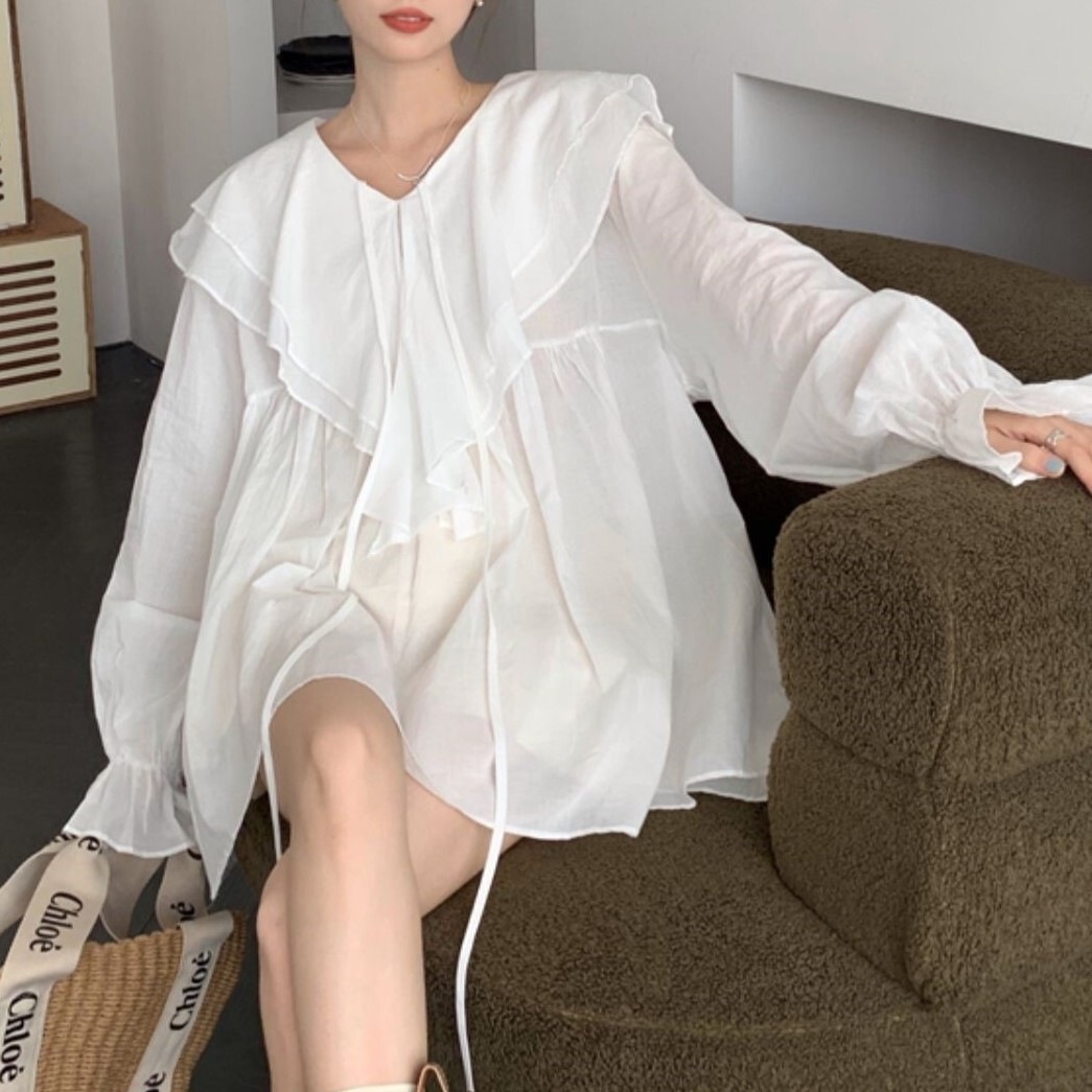 トップス レディース シャツ ブラウス S M L XL 韓国 長袖 ボリューム袖 Vネック フリル ミドル丈 透け感 かわいい 大人可愛い きれいめ シンプル カジュアル 大人 上品 おしゃれ ラフ