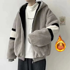 ボアジャケット メンズ フリース ボアアウター ブルゾン パーカー 裏起毛 フード付き もこもこ 防寒 厚手 アウトドア 暖かい ゆったり 通学 通勤
