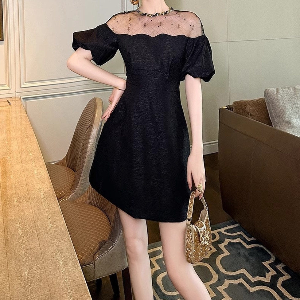 ミニドレス ワンピース ドレス オフショルダーワンピース ボリューム袖オフショルダーワンピース シースルーショルダー オフショルダー バルーンスリーブ 半袖 Aライン ハイウエスト 光沢 透け感