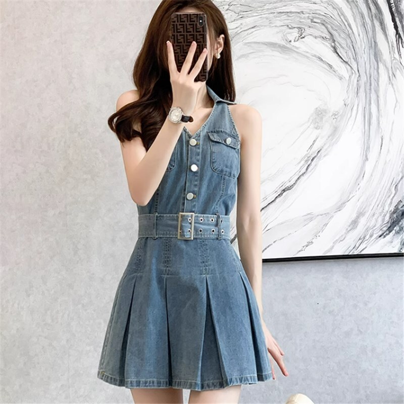 ワンピース ショートスカート ミニスカート ミニ ミニ丈 ショート ショート丈 ノースリーブ Vネック レギュラー デニム かわいい 大人可愛い きれいめ シンプル カジュアル 大人 上品 おしゃれ