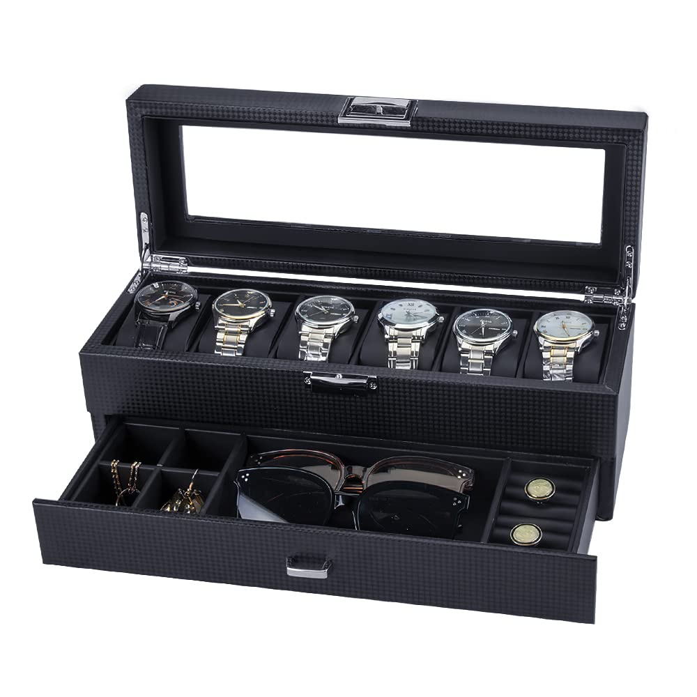 Anyasun 腕時計ケース 12本 腕時計収納ボックス 高級 時計 コレクションケース カーボンファイバー仕上げ 男女兼用 インタリア用 レザー製クッション 鍵付き (G:2段式・6本（ブラック）)