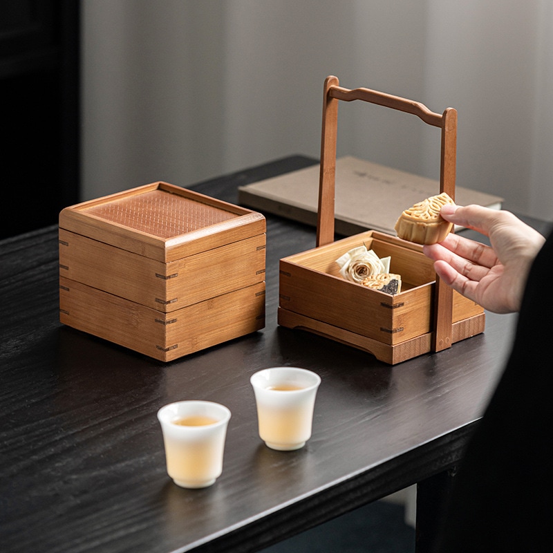 レトロ竹のバスケットフルーツリフレッシュメントフードボックス屋外ポータブルカンフーティーセットティーセットティーセンターティーセンターバスケットキャリーボックスティーセンター