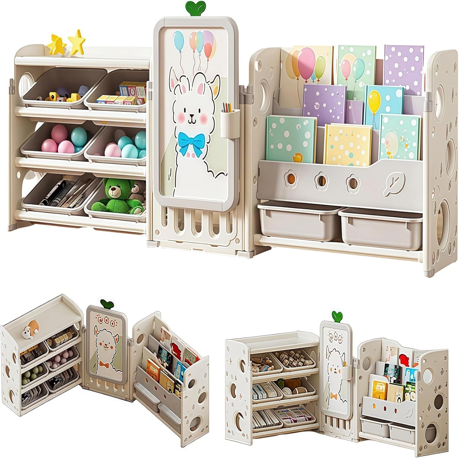 子供用収納ラック おもちゃ棚 + 絵本棚 + 描きボード 3in1 単体でも使える 3段収納ラック 折り畳み 本棚 ホワイトボード 高さ調節可 幅約183cm コンパクト かわいい 小物収納 分類 組