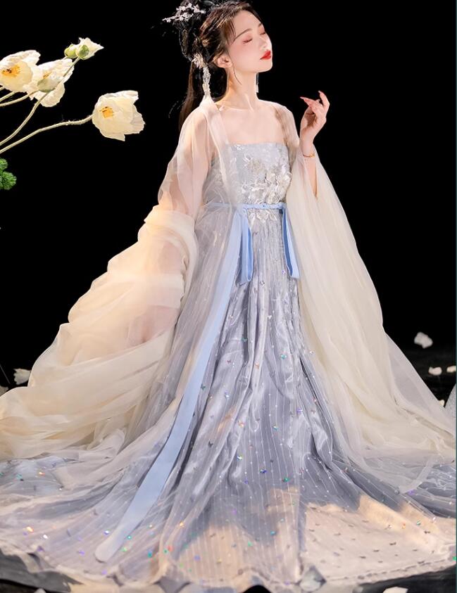 漢服 華やか 中華衣裳 チャイナ服 レディース 振り袖3重かさね 超かわいい ボリューム 中国古代服 唐時代 宮廷 皇后 貴妃 仮装 変装 立体花 チュール きらきらの蝶々 華流 コスプレ衣裳 お姫様