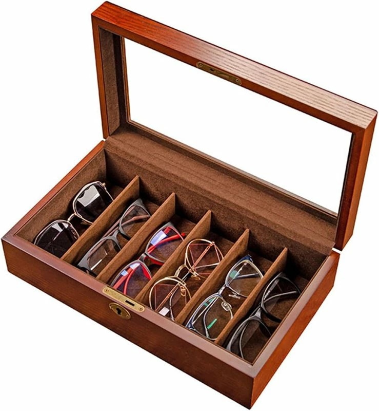 サングラス収納ケース メガネケース 眼鏡収納ボックス コレクションケース ソリッドウッド アクセサリーケース プレイ用ケース 木製 高級 ふた付き 透明 ジュエリー収納 小物アクセサリ収納 眼鏡