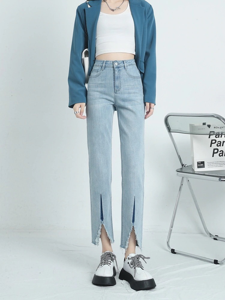 春春冬春新作淡色ストレートジーンズ女性ルーズハイウエストオープlンサブデザインニッチ潮 4,877円