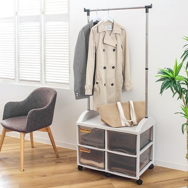 ハンガーラック 引き出し付 2段 衣装ケース キャスター付き パイプハンガー 省スペース 収納ボックス 引き出し 4杯 収納ケース 収納 コートハンガー 洋服掛け 衣類収納 ラック