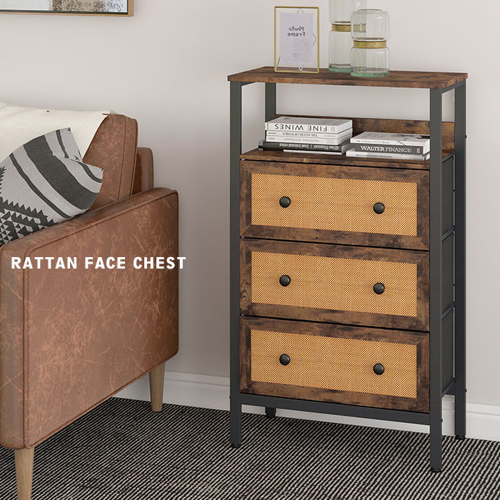 チェスト 3段 引出 収納 ラタン調 ラタン風 籐家具 チェスト タンス リビングボード リビング ランドリー 収納 タオル スチール脚 おしゃれ 韓国 インテリア