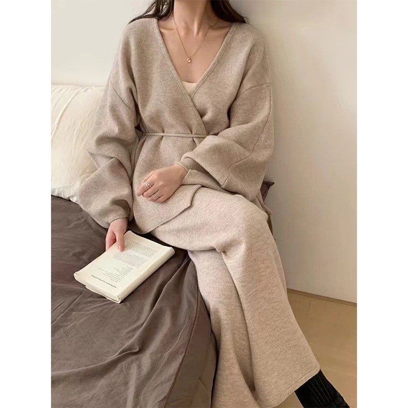 韓国風 ゆるい雰囲気 レトロニットカーディガンセット女性用 新作 紐付き アウター ワイドパンツツーピース