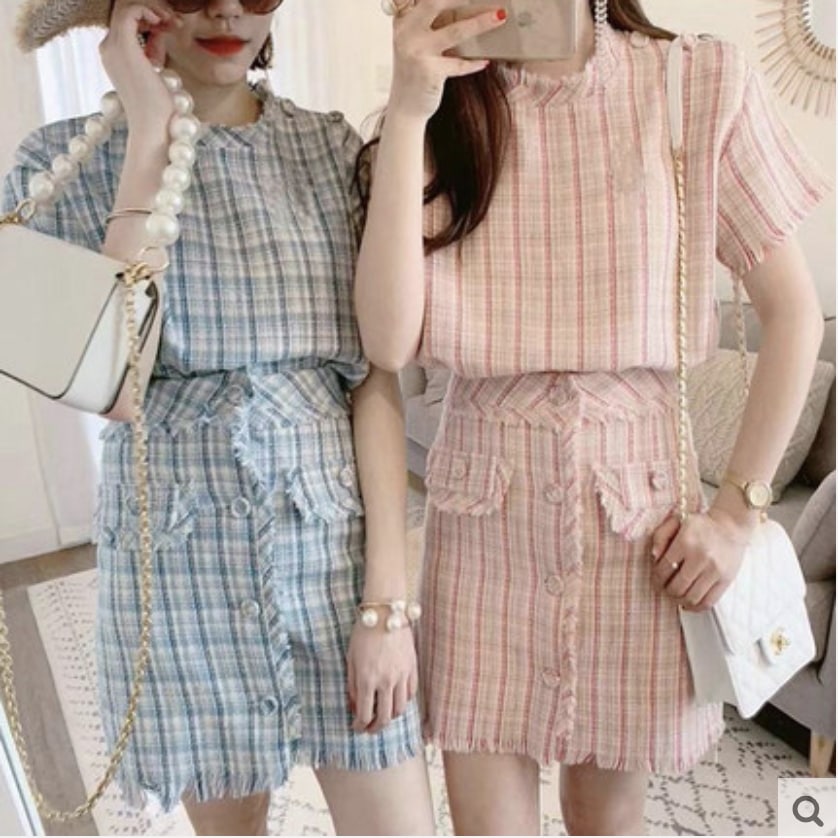 【セットアップ】ツイードチェック柄 トップス+ハイウエスト フリンジスカート ツーピース ２カラー b51