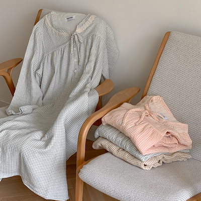 デイジーレースクリンクルコットン長袖パジャマセット 3color