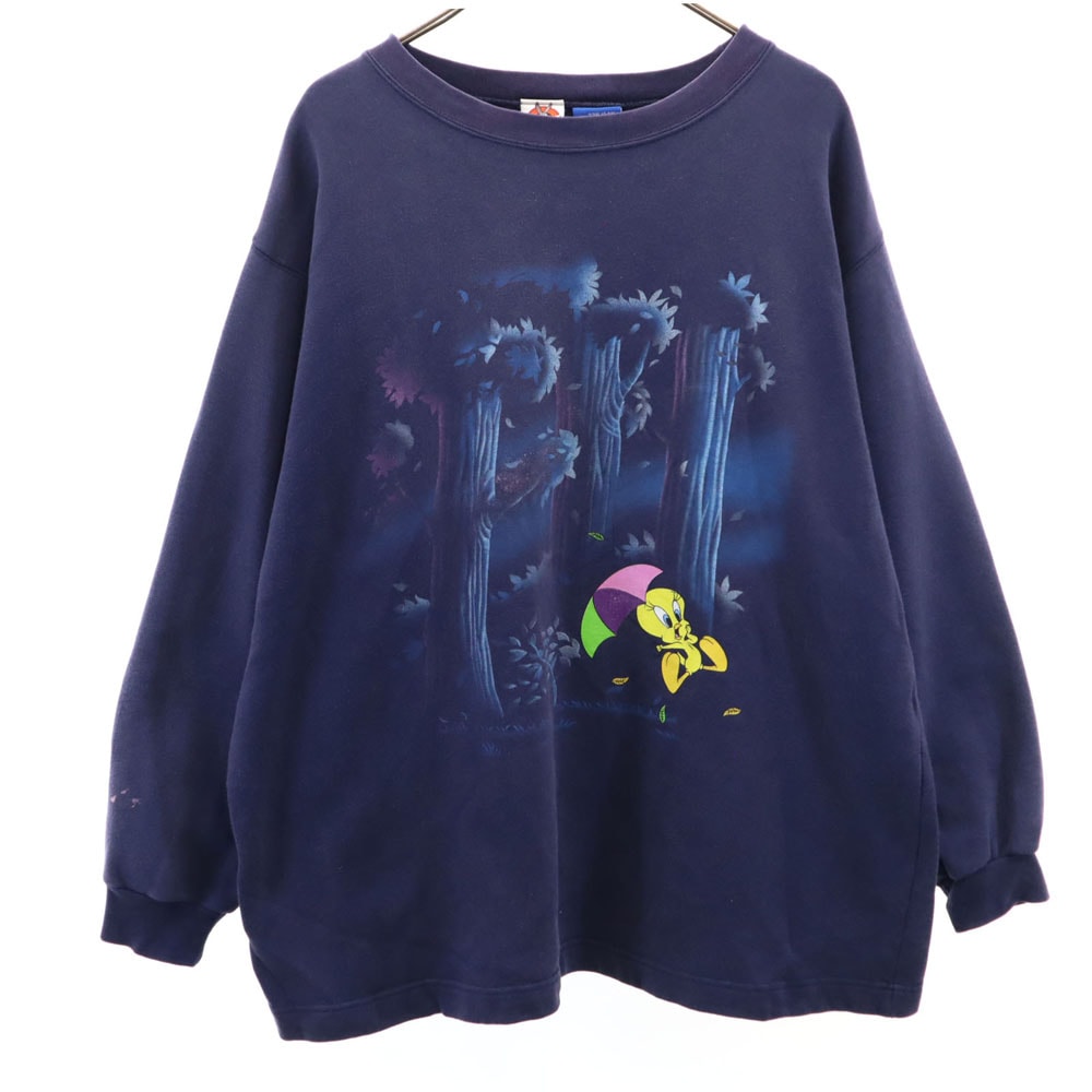 ルーニーテューンズ 90s オールド 長袖 スウェット トレーナー 22W/24W ネイビー LOONEY TUNES トゥイーティー 裏起毛 メンズ