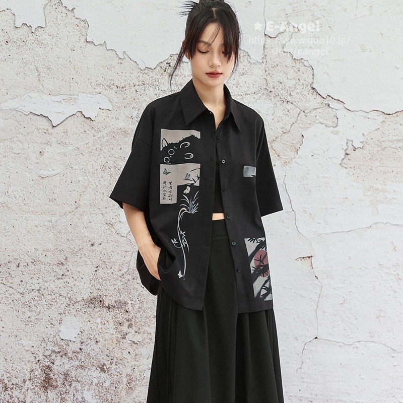 カップルシャツ チャイナ風シャツ ブラウス レディース 半袖 無性別トップス ゆったり 黒色 柄シャツ 猫プリント 竹葉 蘭 男女通用 かっこいい