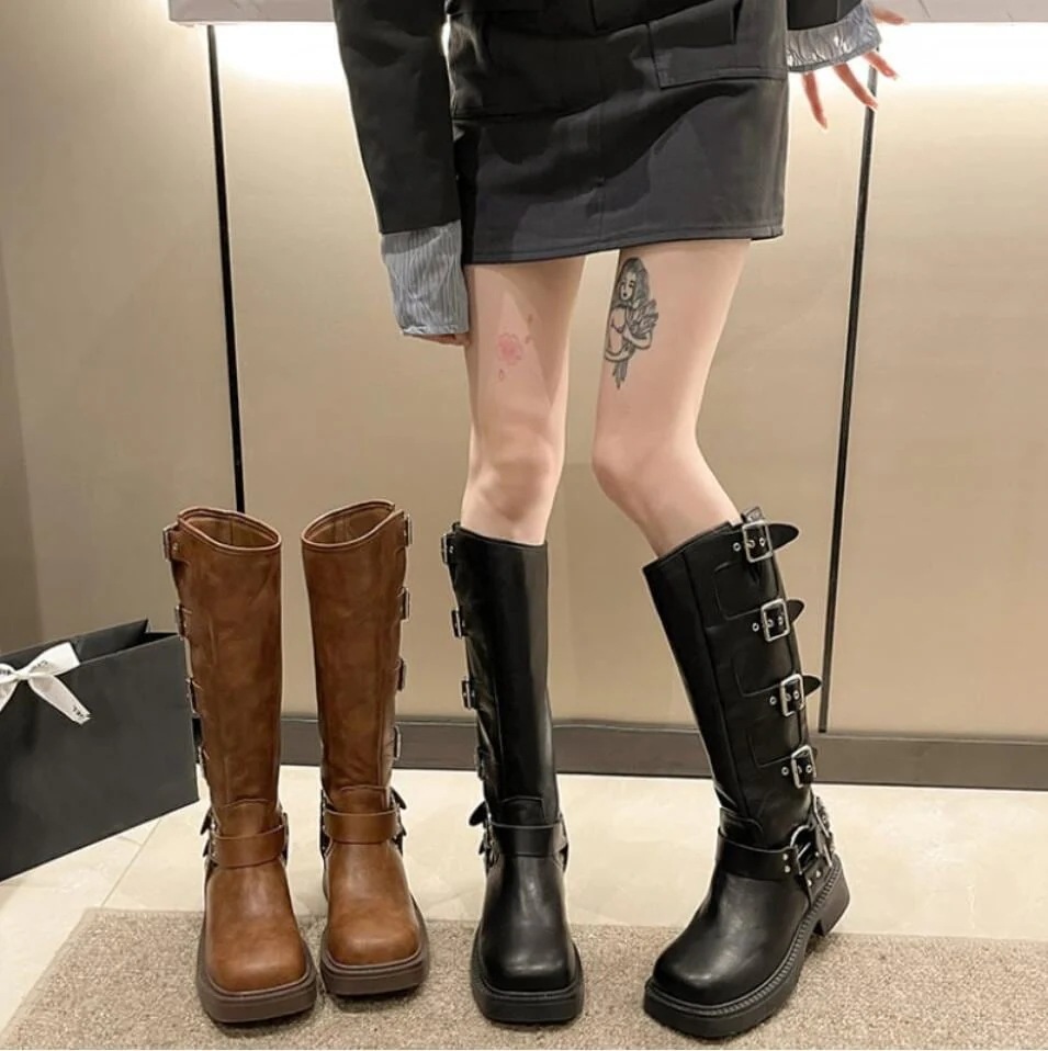 メガ割 2甘辛MI4cヒーベルト付ロングブー美脚色っ女っぽローヒールカジュアルフェイクきれい大人っ上ウエスタンブーPUエコゆったフェミニン