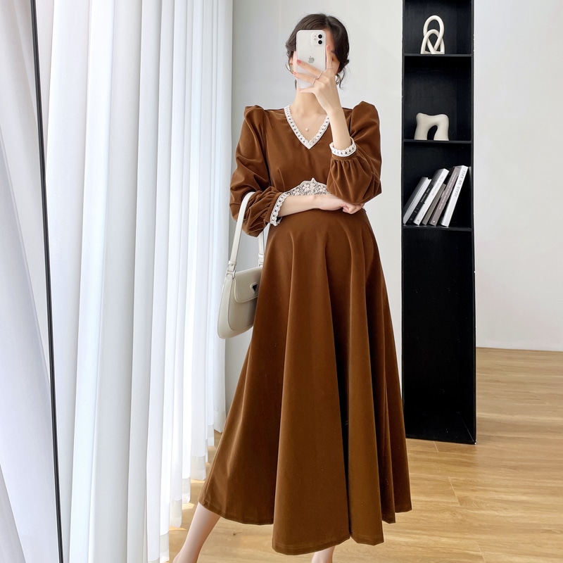 【日本未発売/送料無料】マタニティ ワンピース Vネック パフスリーブ ハイウエスト レース