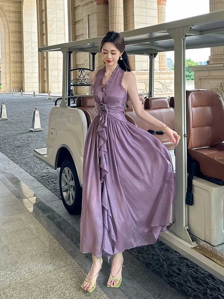 【JY.上品】 2024夏新品 vネック リゾート ロングワンピース フリル 旅行 紫 ドレス パーティー キャバ 大人 同窓会 披露宴 卒業式 結婚式 演奏会 ウェディング 二次会 メガ割