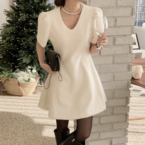 韓国ファッション パフ袖 Aライン ウール ミニ 半袖 ワンピース