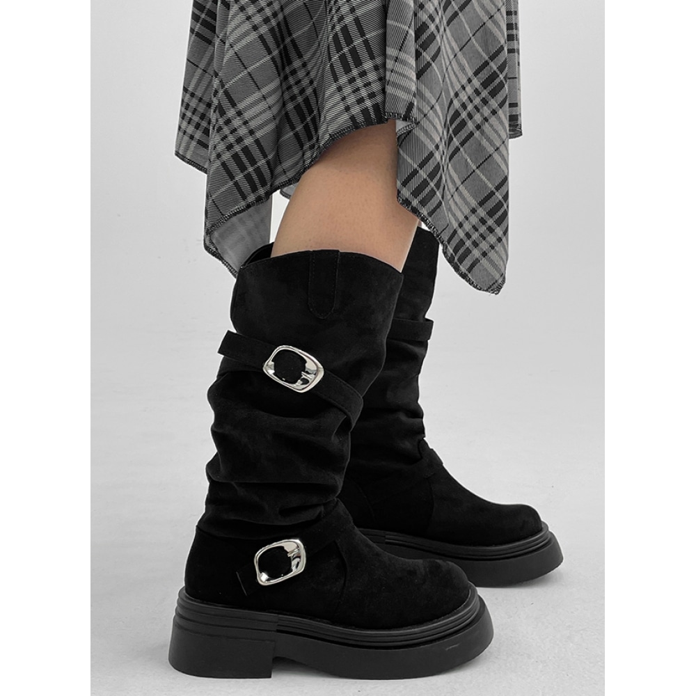 ブラックアップ【春新品】バイピングバックルスエードロングブーツ 7,847円