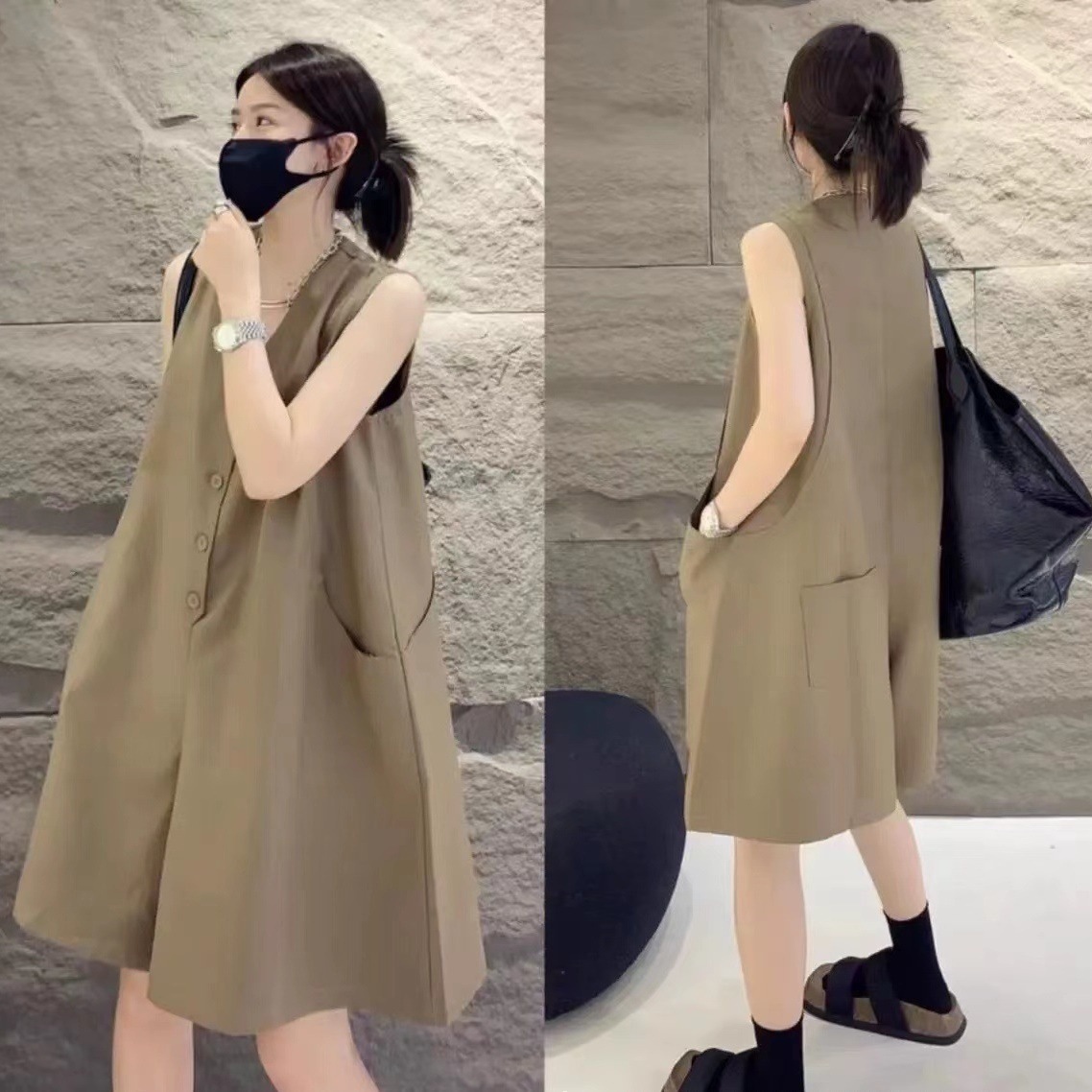 ノースリーブ オールインワン 韓国 レディース Vネック ワンピース風 ショート丈 Aライン カーキ ブラック 緑 黒 無地 パンツ かわいい 可愛い 大人可愛い 大人女子 きれいめ