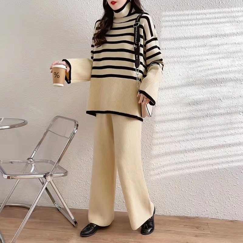 セットアップ気質ニットツーピースタートルネック厚手セーターゆったりカジュアルスーツ長袖婦人服