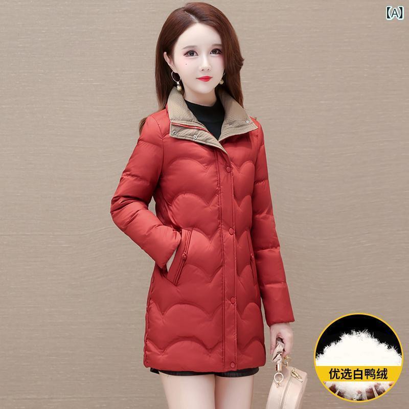 ジャケット ダウンジャケット レディース ミドル丈 スタンドカラー 暖かい ダウン 女性 冬 ワイド 女性 大きいサイズ ホワイトダックダウン